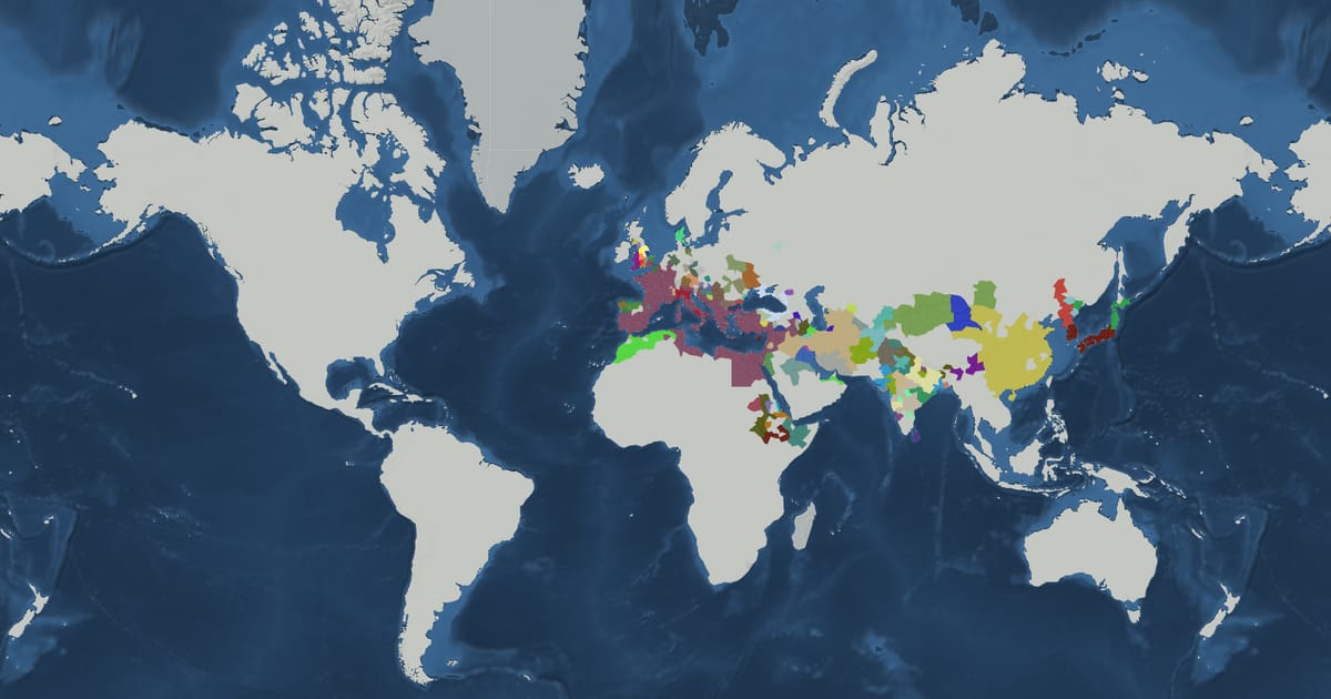 Historical map of the world in 27 BC showing the borders of states and empires