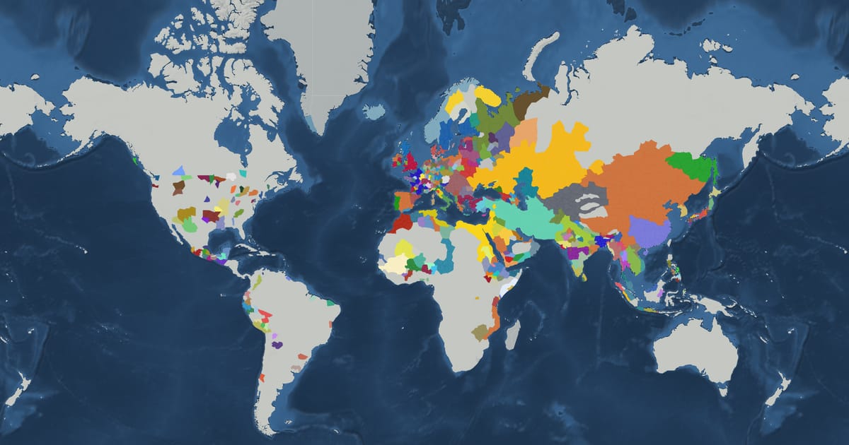 Historical map of the world in 1279 showing the borders of states and empires