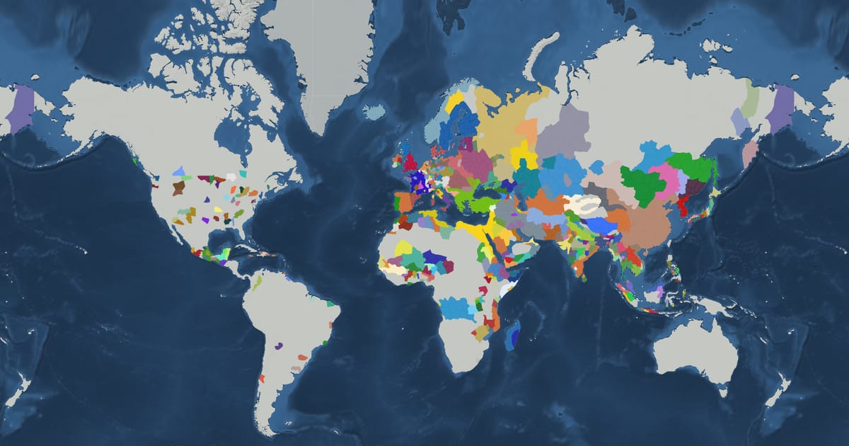 Historical map of the world in 1500 showing the borders of states and empires