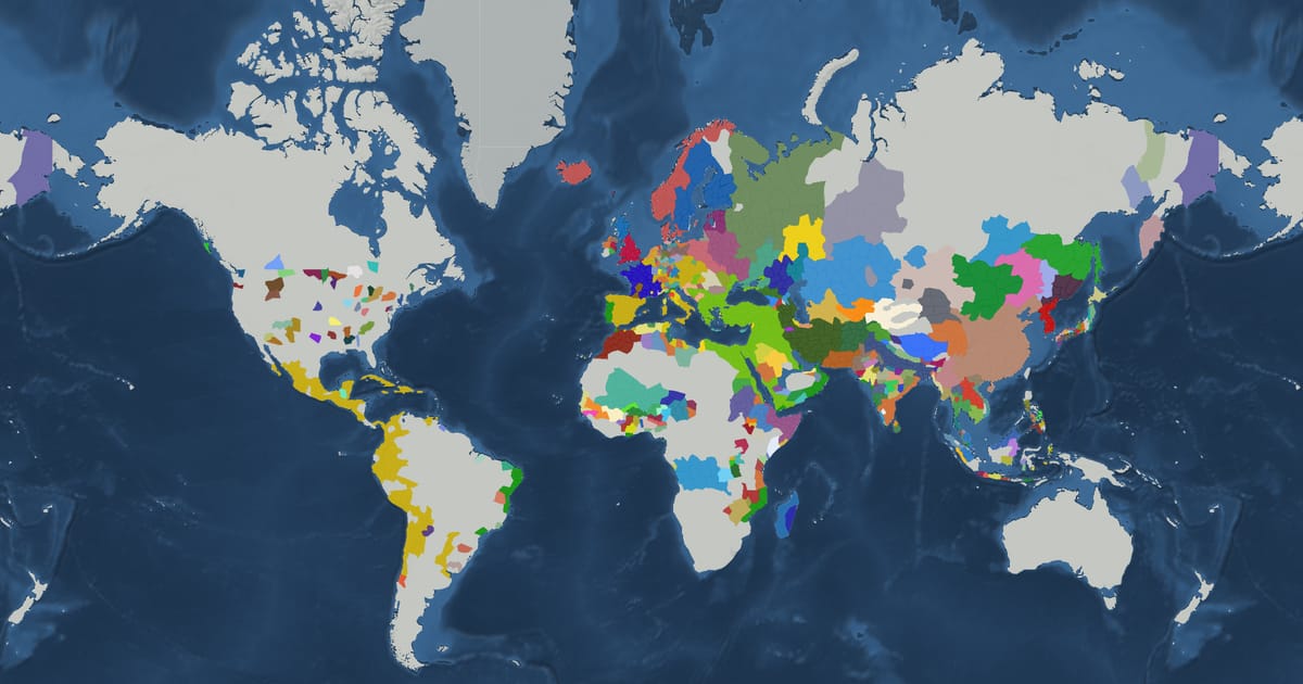 Historical map of the world in 1550 showing the borders of states and empires