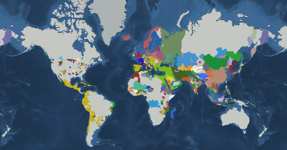 Historical map of the world in 1560 showing the borders of states and empires