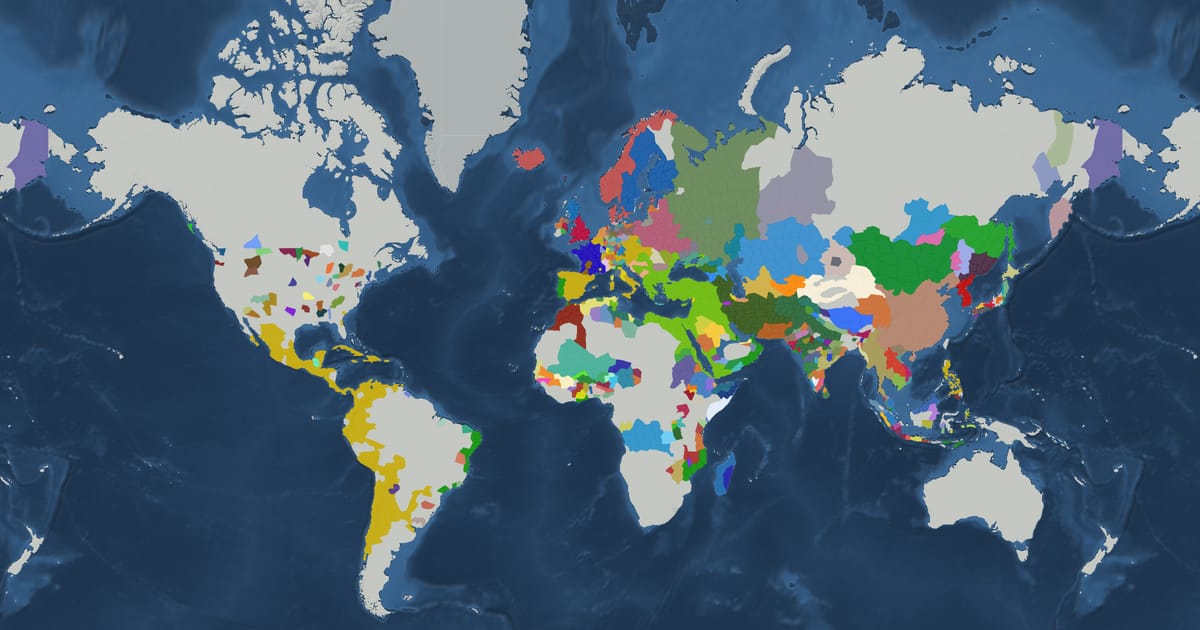Historical map of the world in 1580 showing the borders of states and empires