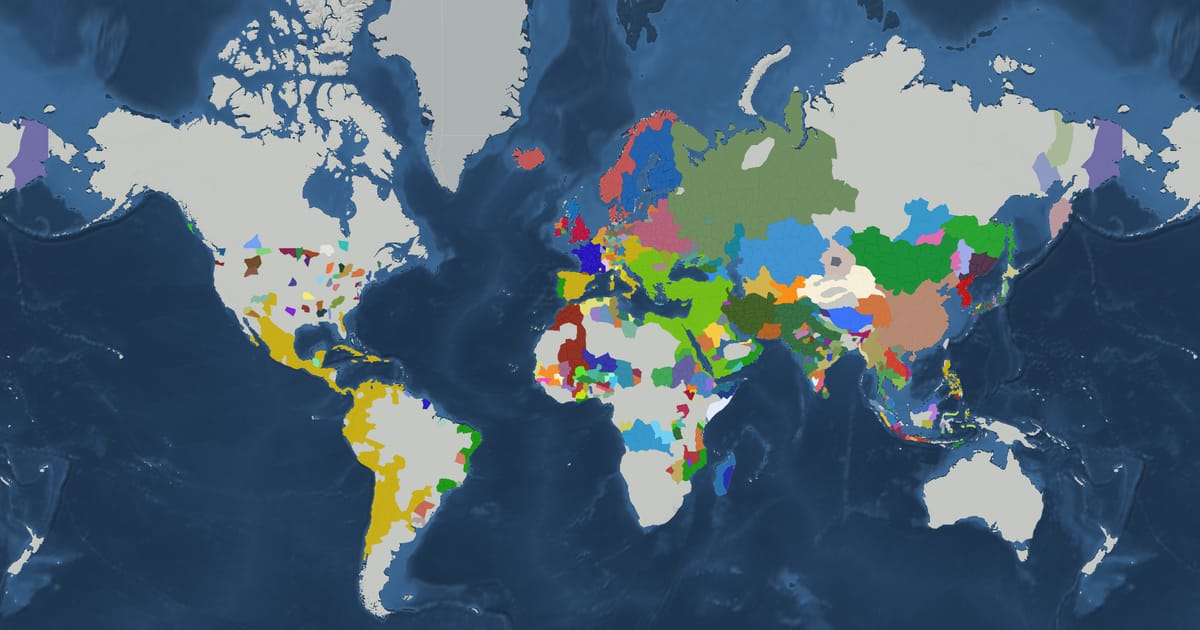 Historical map of the world in 1610 showing the borders of states and empires