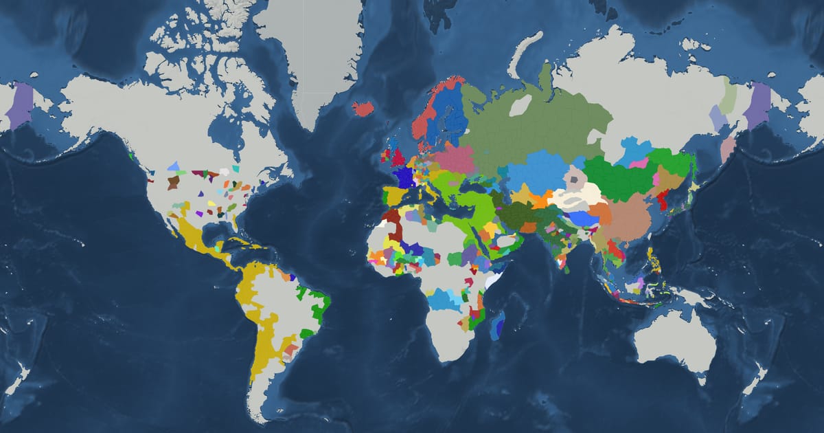 Historical map of the world in 1620 showing the borders of states and empires