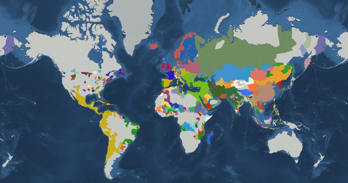 Historical map of the world in 1640 showing the borders of states and empires
