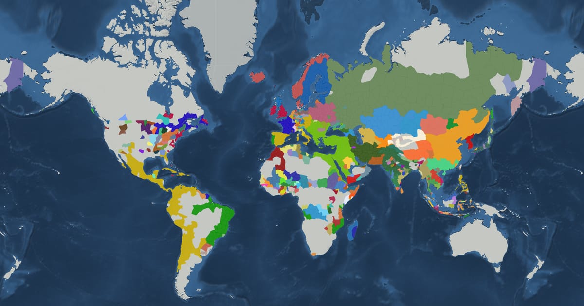 Historical map of the world in 1680 showing the borders of states and empires