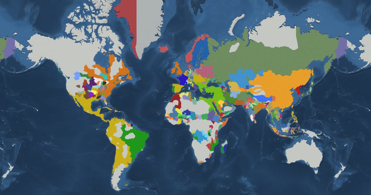Historical map of the world in 1776 showing the borders of states and empires