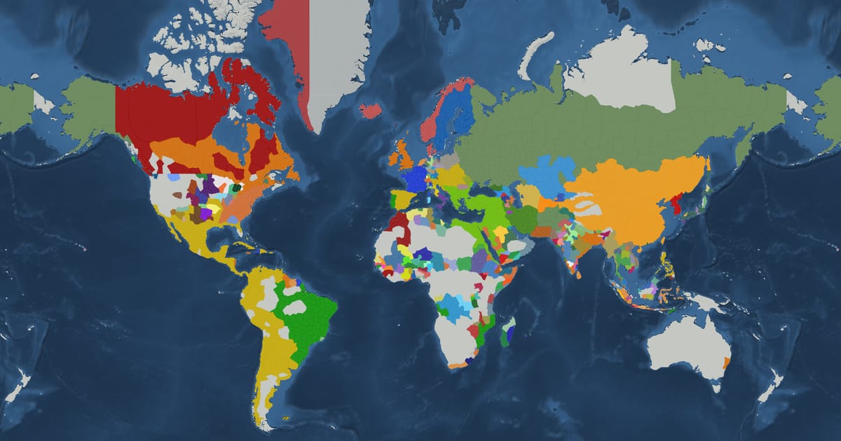 Historical map of the world in 1800 showing the borders of states and empires