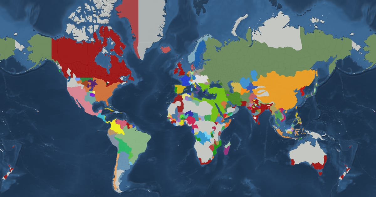 Historical map of the world in 1840 showing the borders of states and empires
