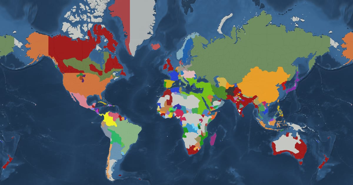 Historical map of the world in 1871 showing the borders of states and empires