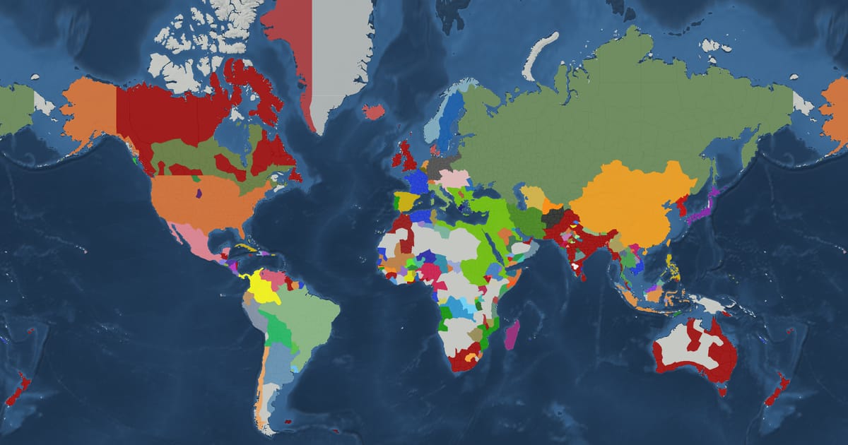 Historical map of the world in 1878 showing the borders of states and empires