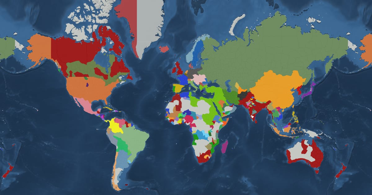 Historical map of the world in 1880 showing the borders of states and empires