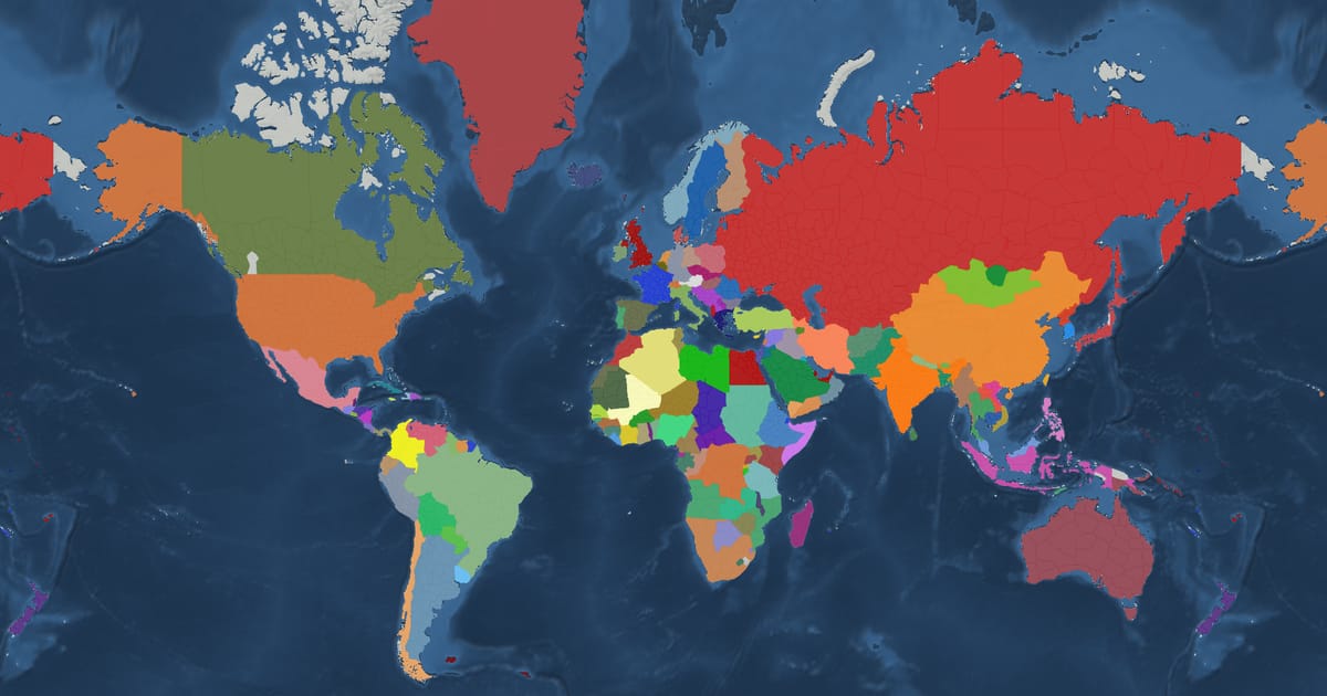 Historical map of the world in 1970 showing the borders of states and empires