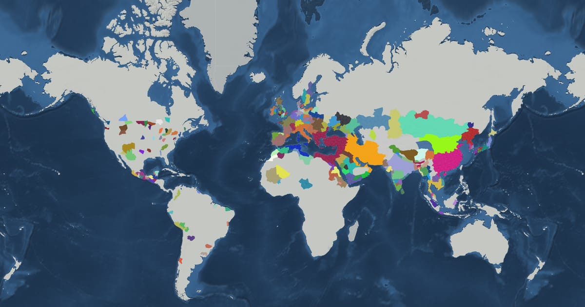 Historical map of the world in AD 476 showing the borders of states and empires