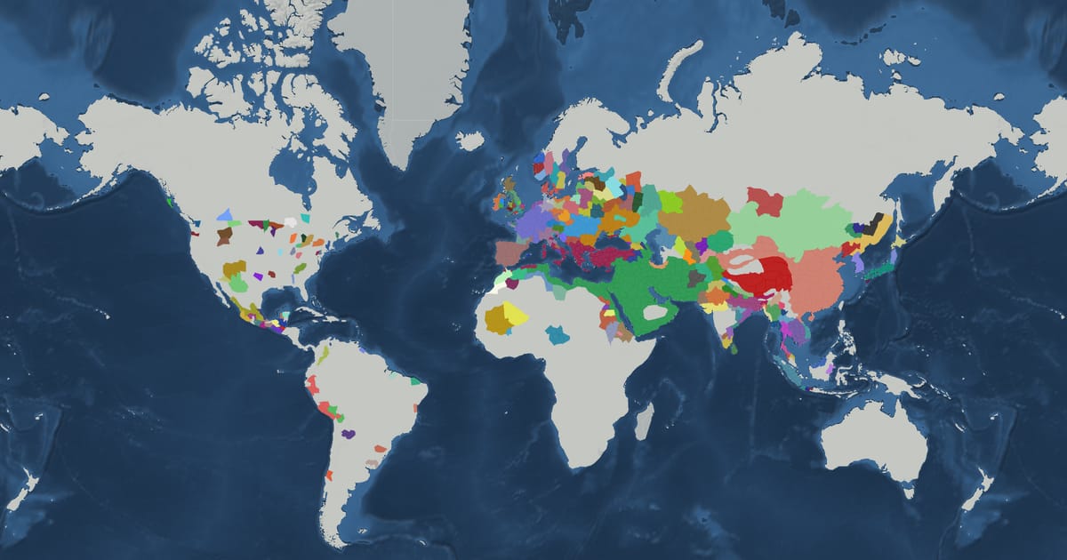 Historical map of the world in AD 700 showing the borders of states and empires