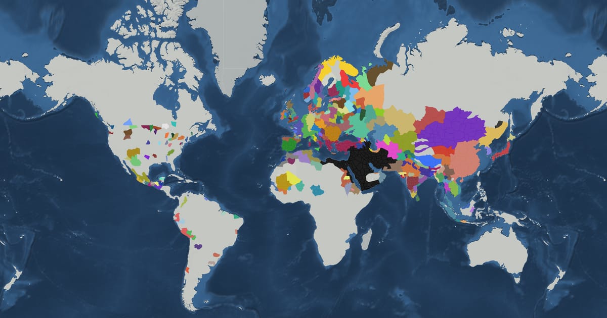 Historical map of the world in AD 843 showing the borders of states and empires
